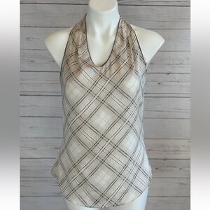 White House Black Market Plaid Halter Top Size XS Beige Black V Neckline Neutral